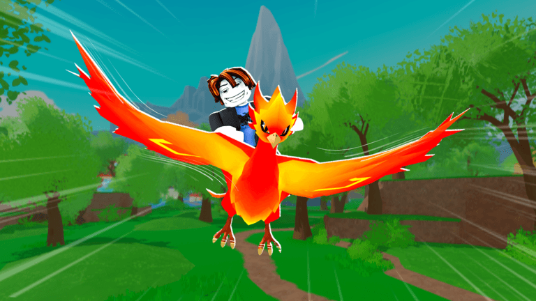 Riding an orange phoenix through the world of Ride A Pet